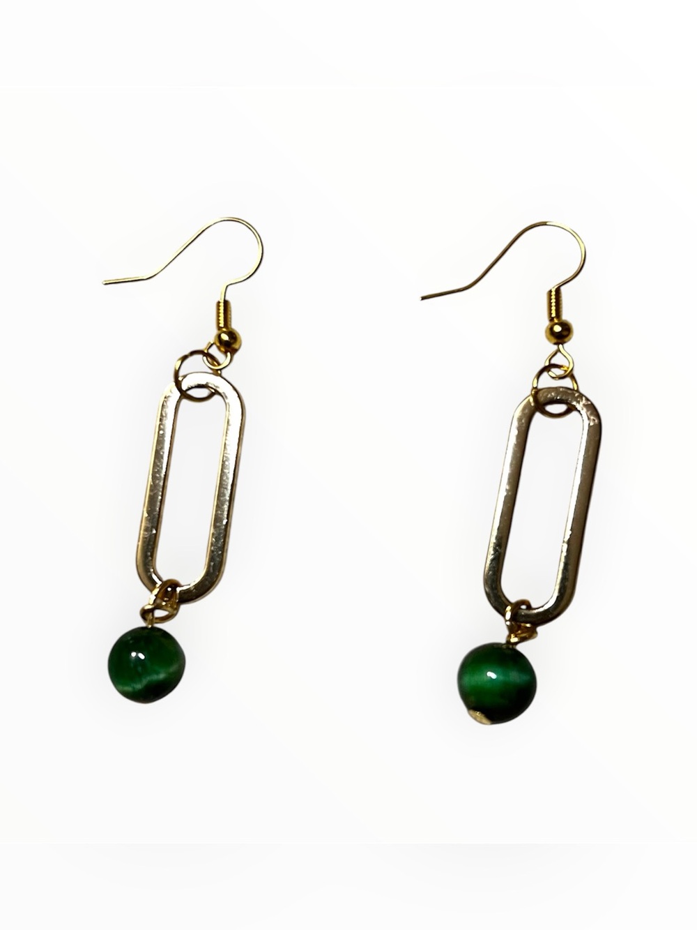 Gold-Tone Link Drop Earrings with Emerald Green Tiger’s Eye Beads